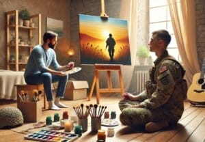 Военнослужащий использует арт-терапию для снятия стресса с помощью рисования и медитации.